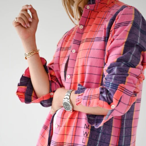 Kerri Rosenthal Mia Ruffle Shirt Cabin Pink Plaid Top Button Down Size M - Picture 2 of 16